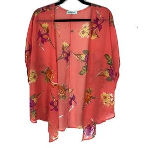 Chris & Carol Coral Floral Sheer Kimono Cardigan